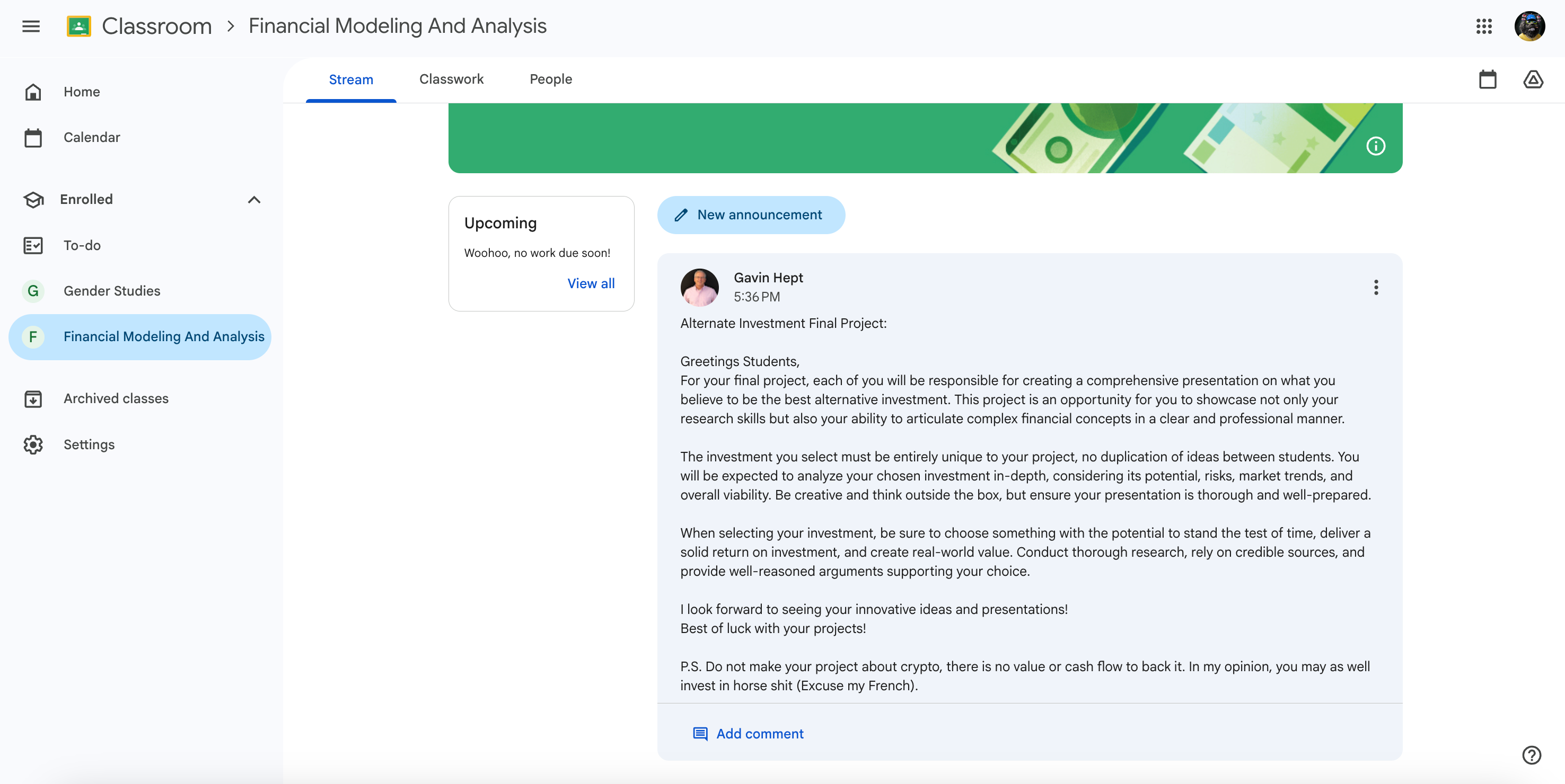 Professor's actual Google Classroom post telling students not to do crypto